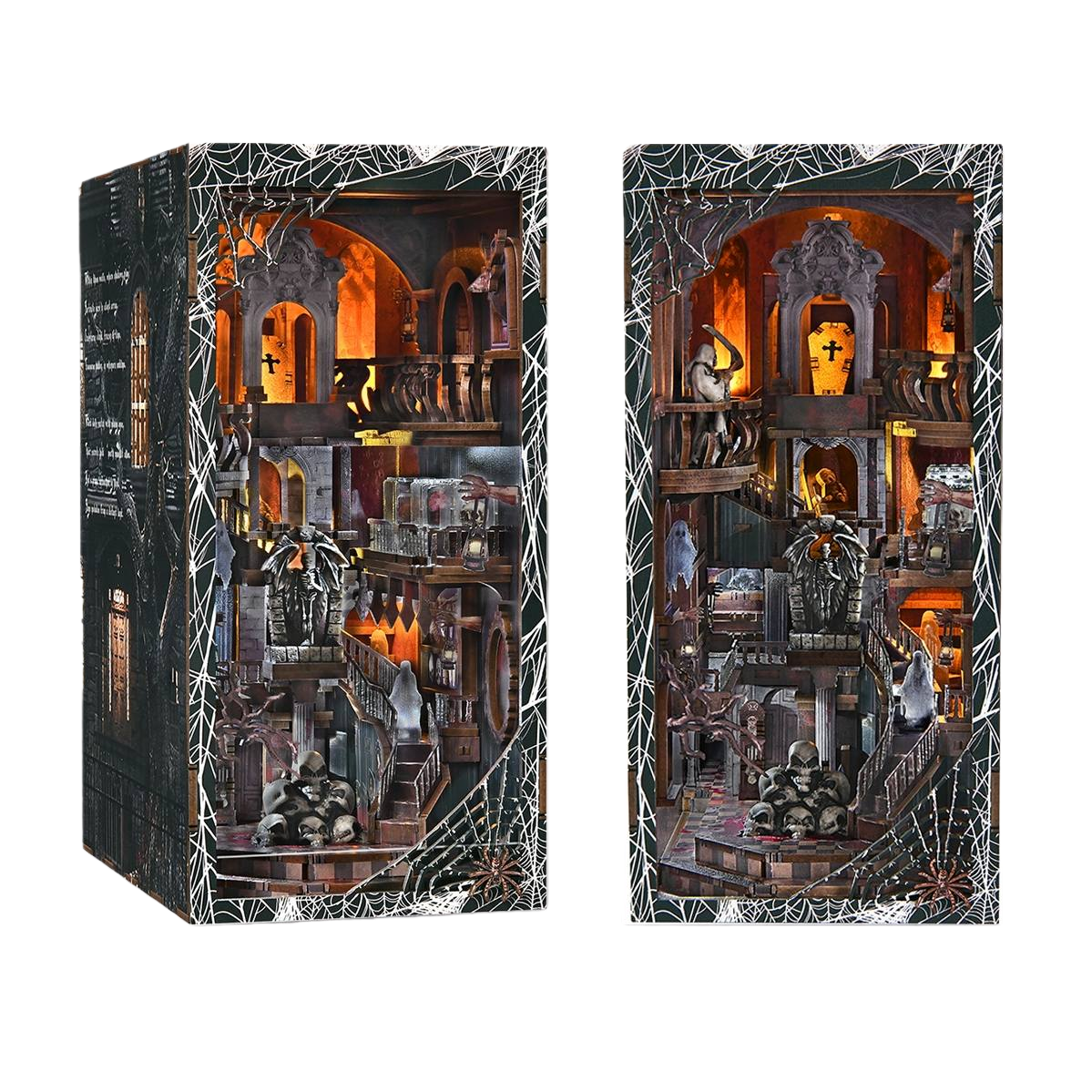 Two haunting house themed book nooks with intricate designs and spider webs on a white background