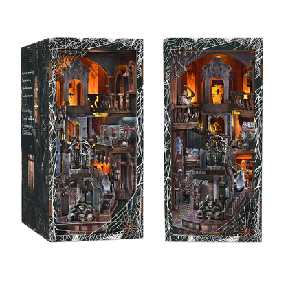 Two haunting house themed book nooks with intricate designs and spider webs on a white background