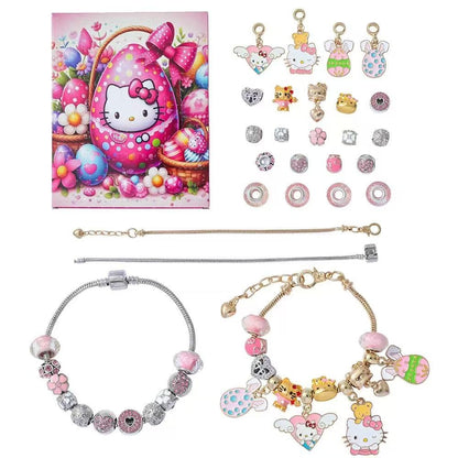 Hello Kitty-themed jewelry set with charms and bracelets and a advent calendar box