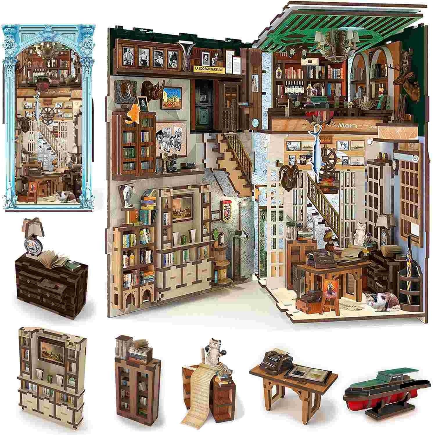 Hemingway House DIY Book Nook Kit, a miniature crafts allows you to recreate a miniature replica of Ernest Hemingway’s beloved home right on your bookshelf. Perfect for literature enthusiasts and DIY lovers alike, bookend lovers, model building lovers, dollhouse collectors, bookshelf insert decor.