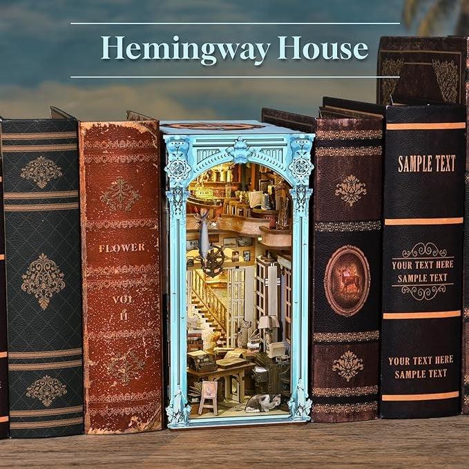 Hemingway House DIY Book Nook Kit, a miniature crafts allows you to recreate a miniature replica of Ernest Hemingway’s beloved home right on your bookshelf. Perfect for literature enthusiasts and DIY lovers alike, bookend lovers, model building lovers, dollhouse collectors, bookshelf insert decor.