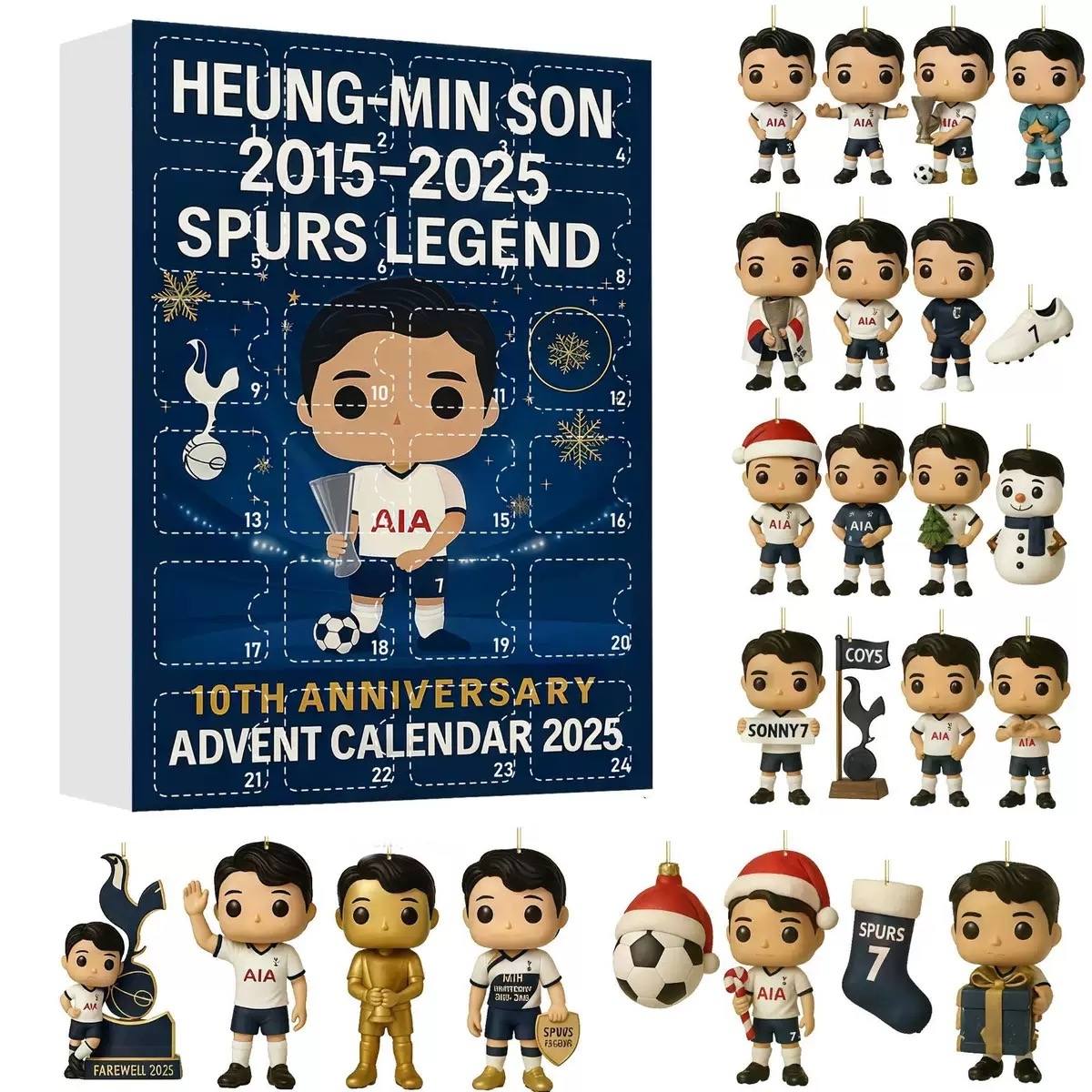 Advent calendar with Tottenham Hotspur football player figures and 10th anniversary details.