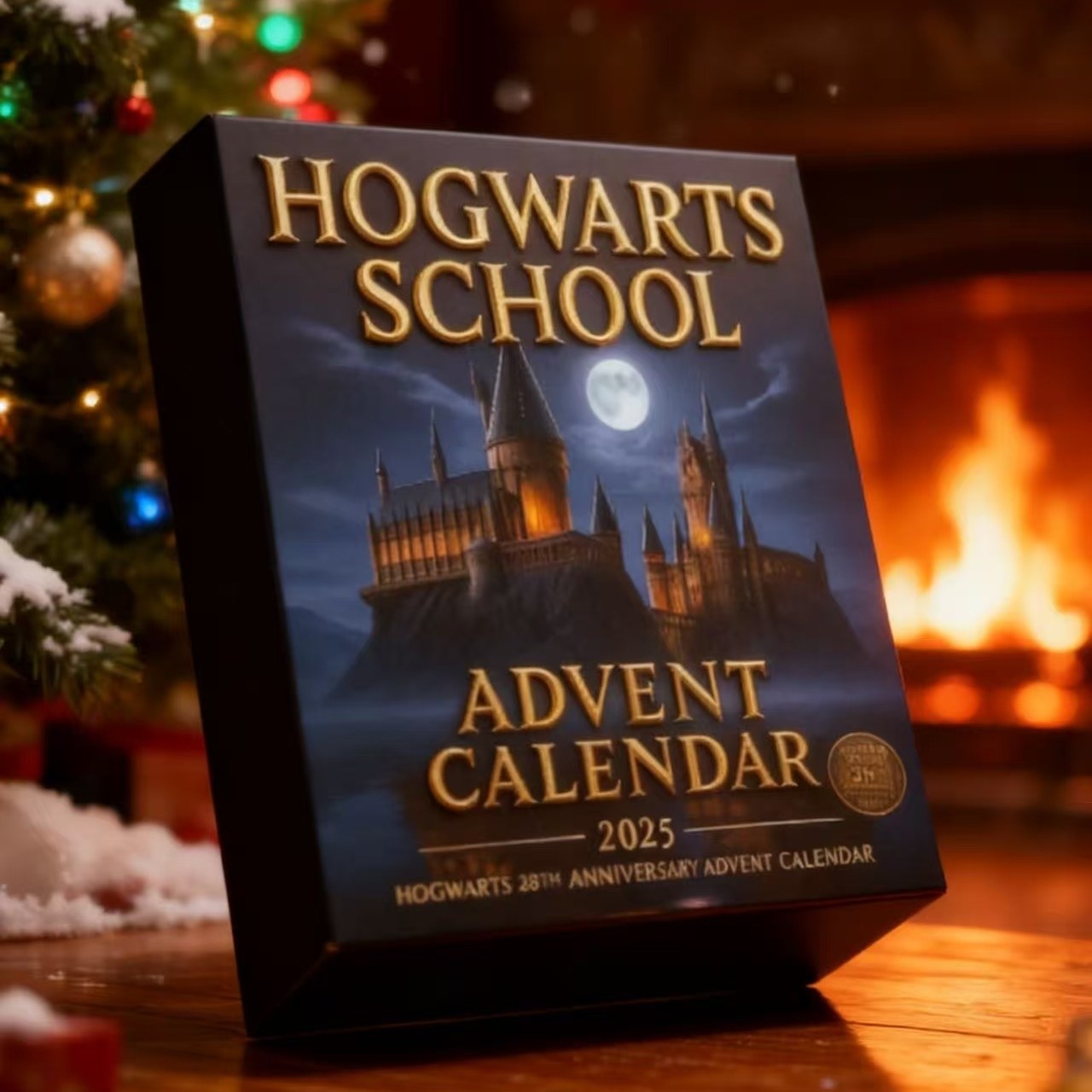 Hogwarts School Advent Calendar 2025 in front of a Christmas tree and fireplace