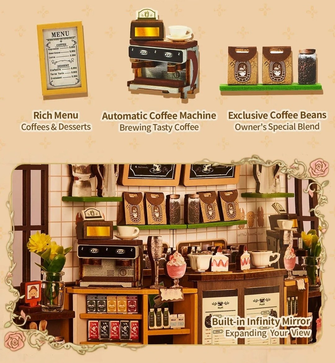 Miniature coffee shop setup with coffee machine, shelves, and decor on a beige background