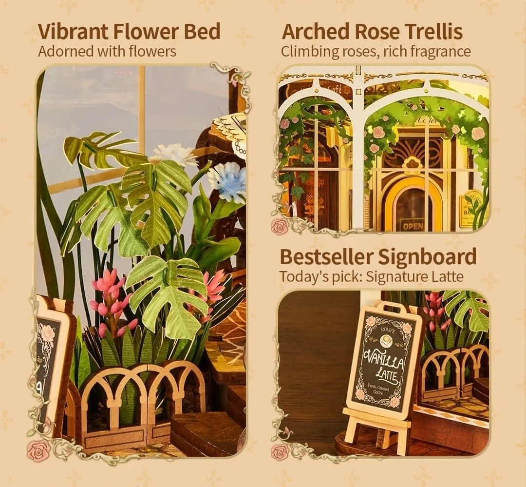 collage of a miniature flower bed, rose trellis, and signboard on a beige background