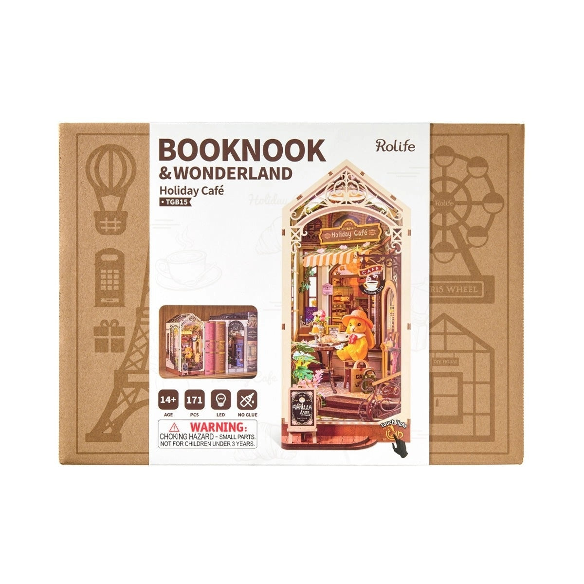 Rolife Booknook & Wonderland Holiday Café packaging on a white background