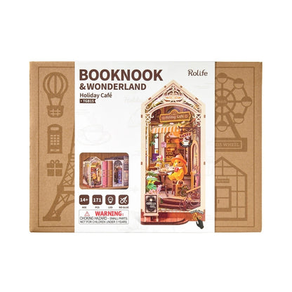 Rolife Booknook & Wonderland Holiday Café packaging on a white background