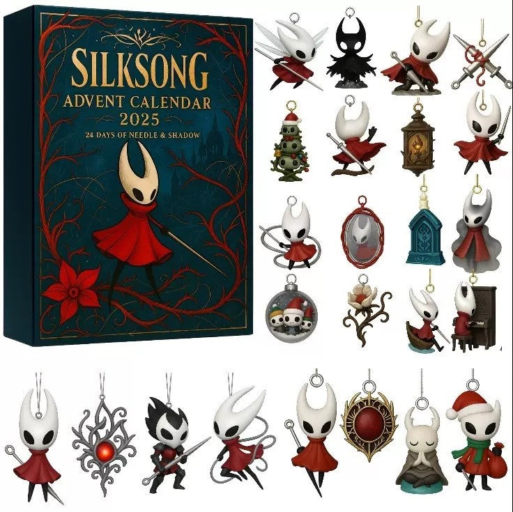 Silksong 2025 Advent Calendar with various character figurines displayed.