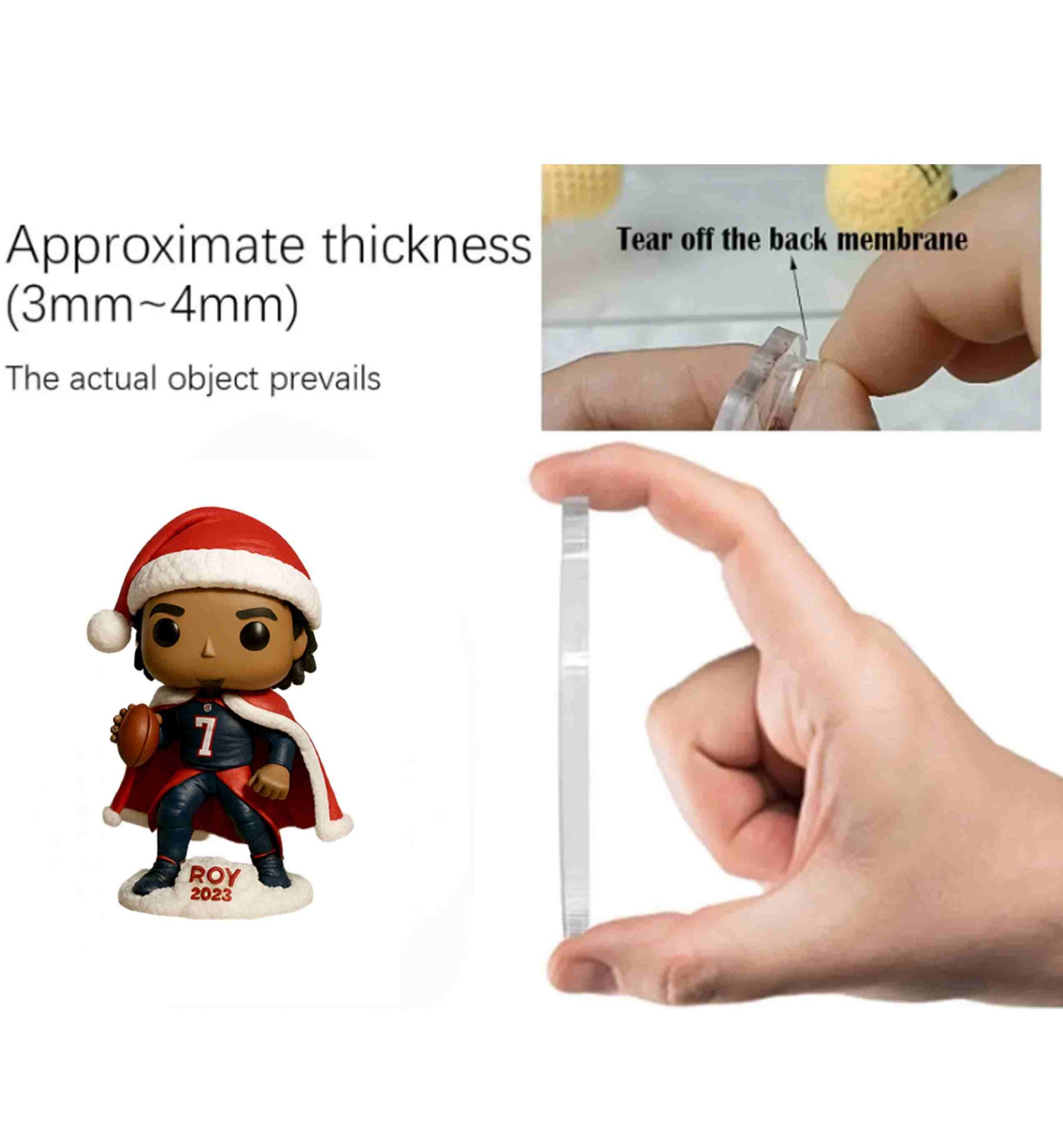 Thin acrylic piece with a hand holding it, next to a figurine and text about thickness.
