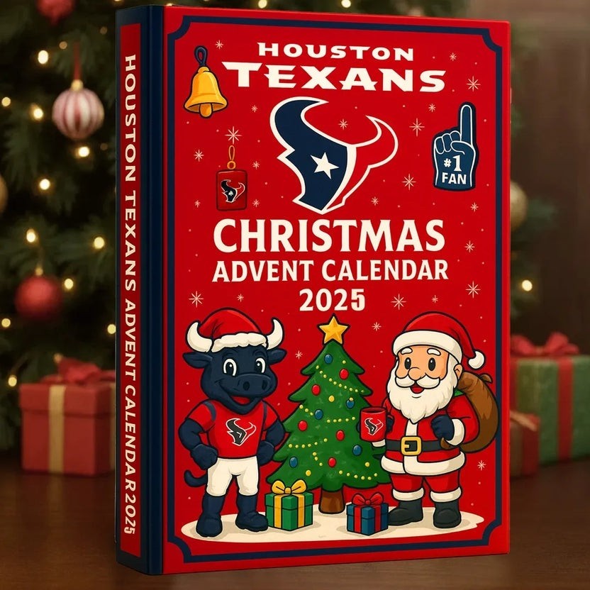 Houston Texans Christmas Advent Calendar 2025 with Santa and bull characters in front of a Christmas tree.
