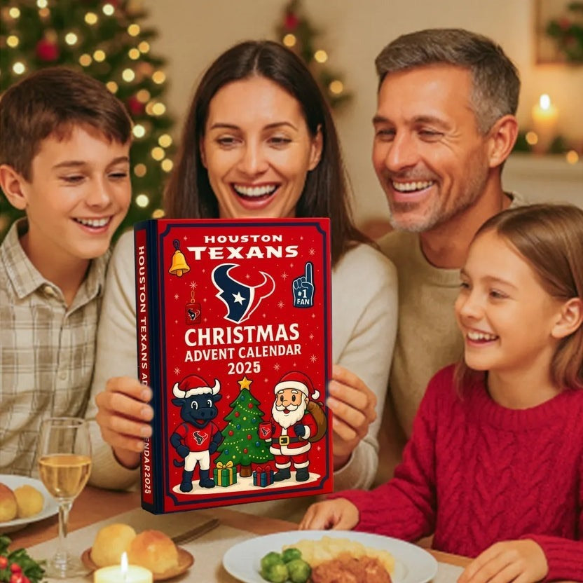 Family holding a Houston Texans Christmas Advent Calendar in a festive setting.