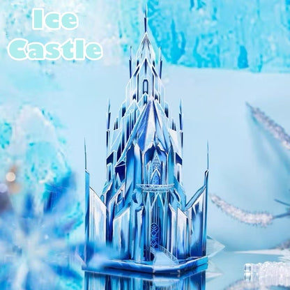 image displaying the finished Ice Castle 3D Metal Puzzle model in a ice and snow setting