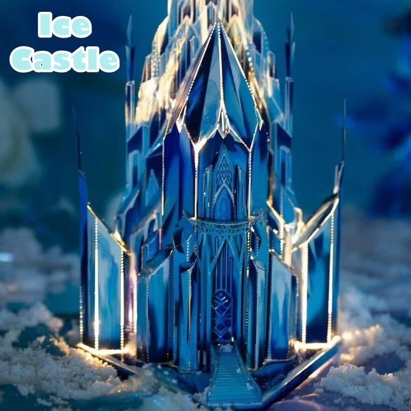 image displaying the finished Ice Castle 3D Metal Puzzle model with light in a ice and snow table setting