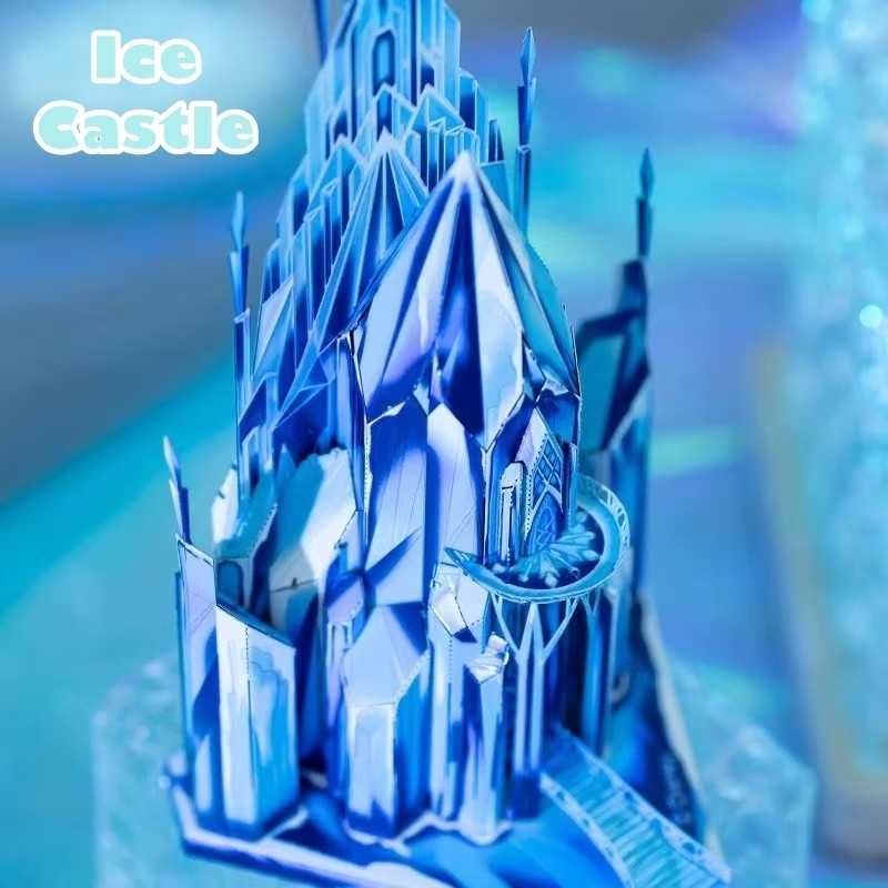 image displaying close-up of the finished Ice Castle 3D Metal Puzzle model in a ice and snow table setting