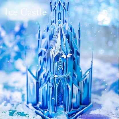 image displaying the finished Ice Castle 3D Metal Puzzle model in a ice and snow table setting