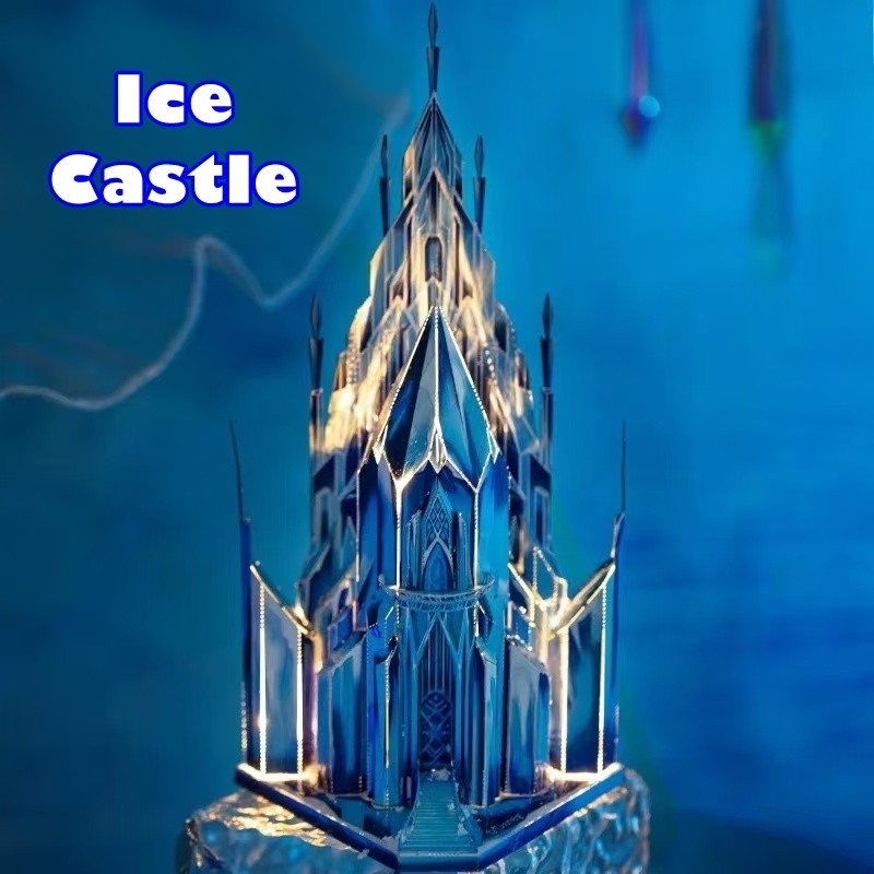 image displaying the finished Ice Castle 3D Metal Puzzle model with light string