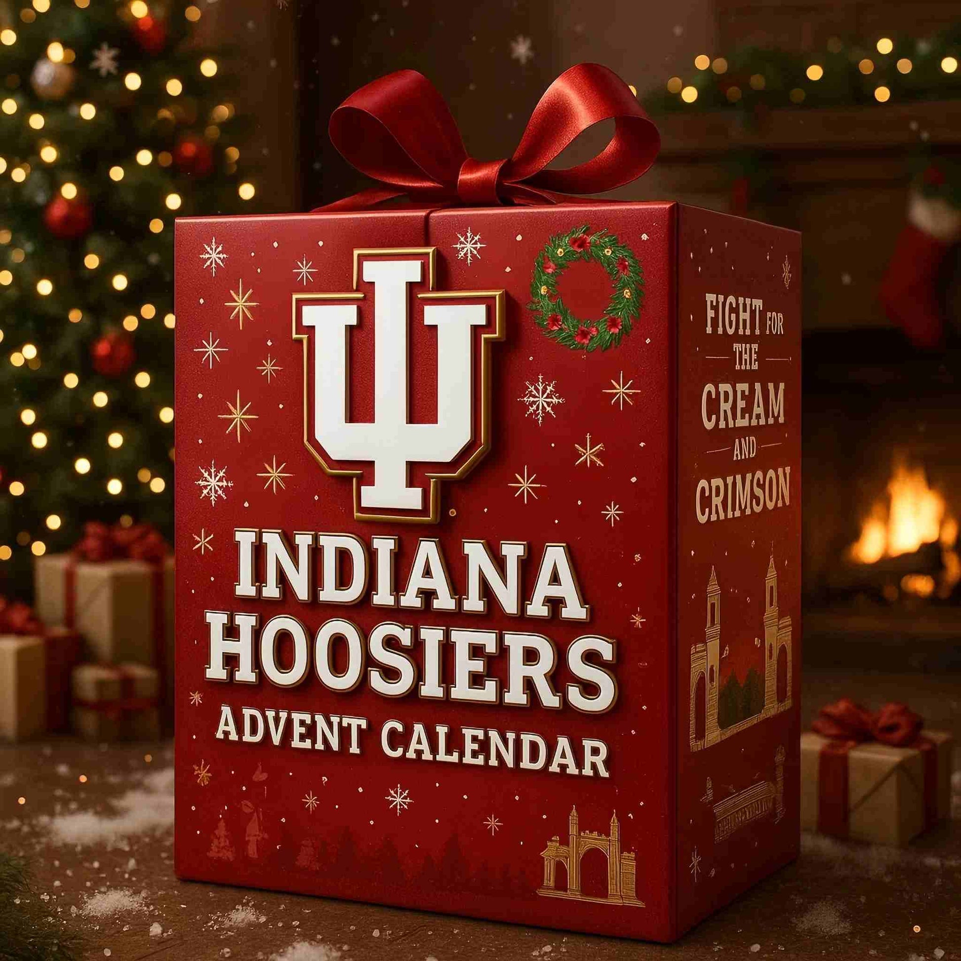Red Indiana Hoosiers advent calendar with Christmas decorations in the background