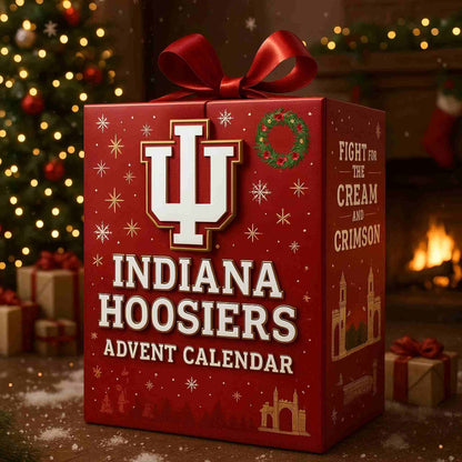 Red Indiana Hoosiers advent calendar with Christmas decorations in the background