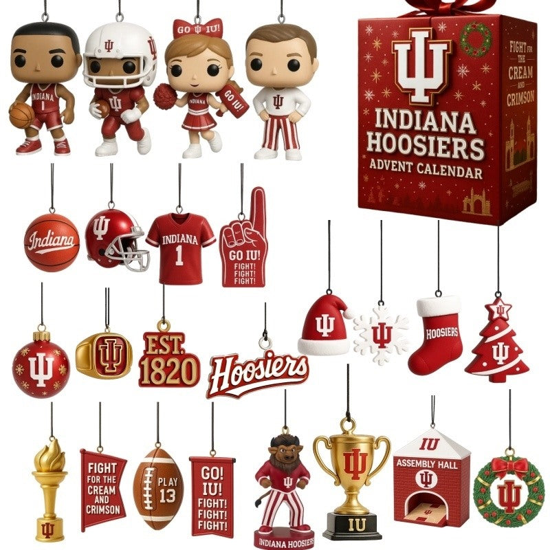 Collection of Indiana Hoosiers-themed ornaments and advent calendar on a white background
