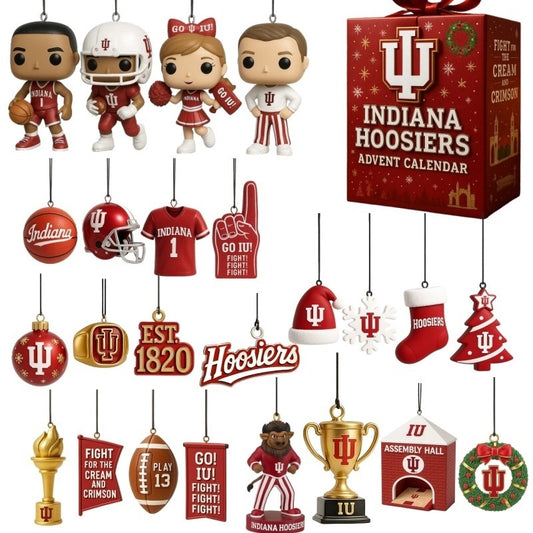 Collection of Indiana Hoosiers-themed ornaments and advent calendar on a white background