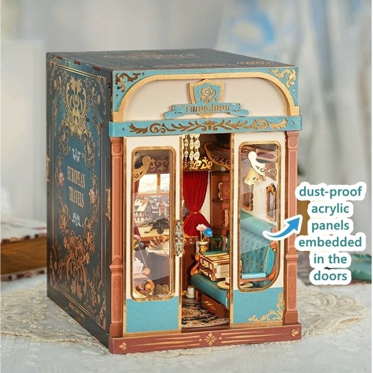 image showcasing dust-proof acrylic panels embedded in the doors of Infinity Train Cabin DIY Book Nook Kit