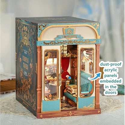 image showcasing dust-proof acrylic panels embedded in the doors of Infinity Train Cabin DIY Book Nook Kit