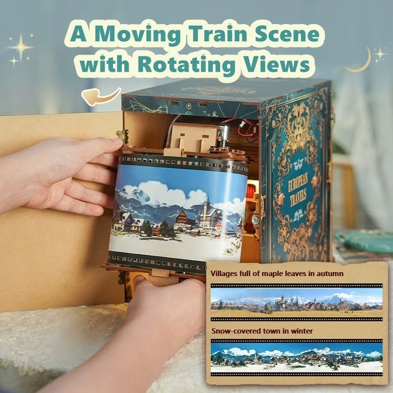image showcasing the two motion films of of Infinity Train Cabin DIY Book Nook Kit