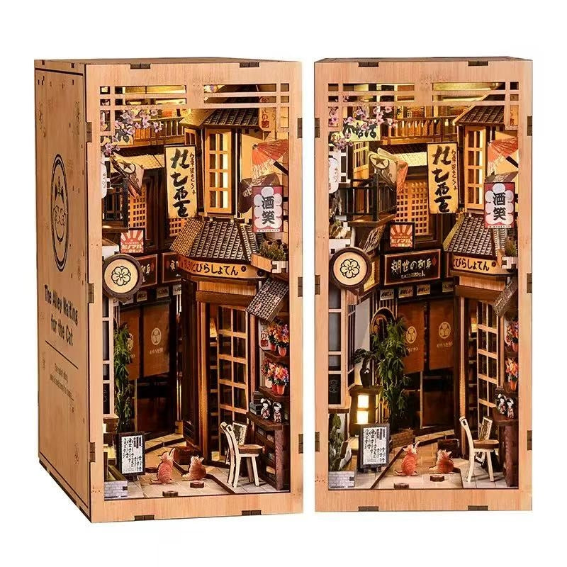 Wooden book nook model of a miniature Japanese alley with detailed interior