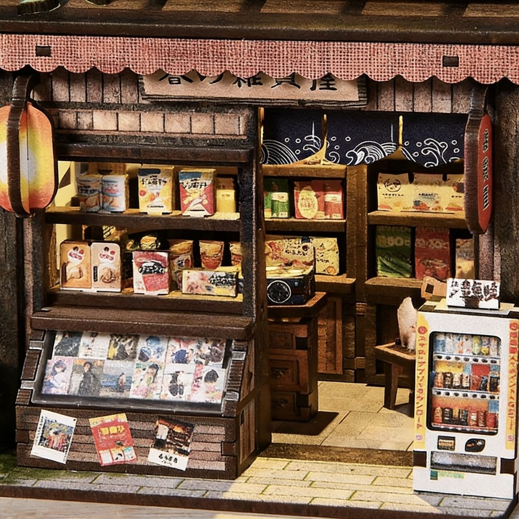 Miniature model of a Japanese grocery store with shelves, products, and a vending machine.