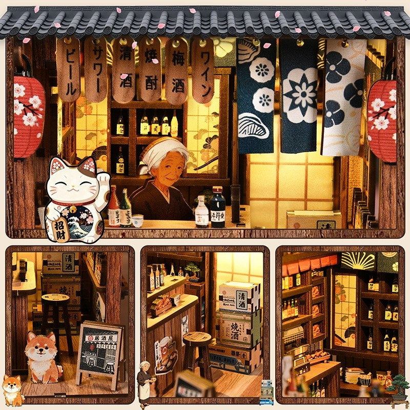 Miniature model of a Japanese bar with various details including a maneki-neko, shelves with bottles, and a counter.