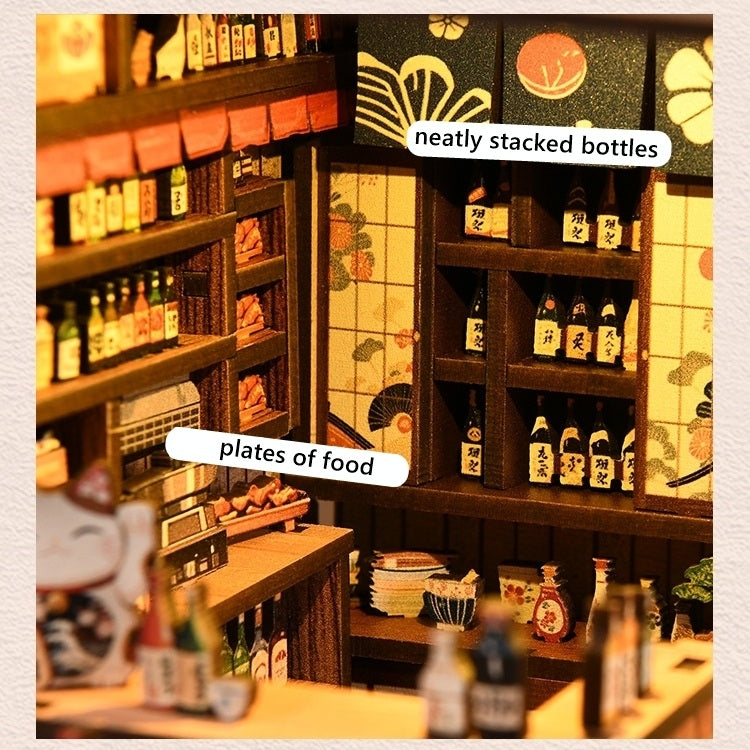 miniature Shelves with neatly stacked bottles and plates of food in a Japanese Izakaya store setting.
