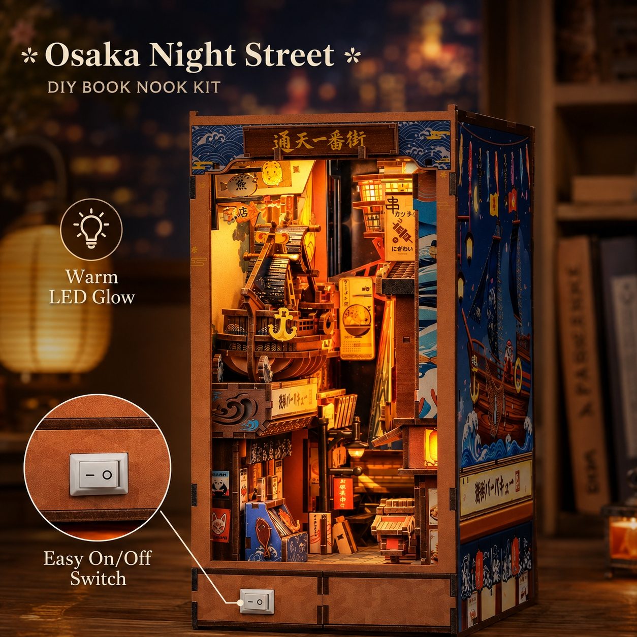 Osaka Night Street DIY Book Nook Kit shown as a completed wooden miniature library with warm LED lighting, Japanese-style street details, and a side panel illustration. The image includes text callouts for warm LED glow and an easy on/off switch, plus a circular inset showing the switch detail.