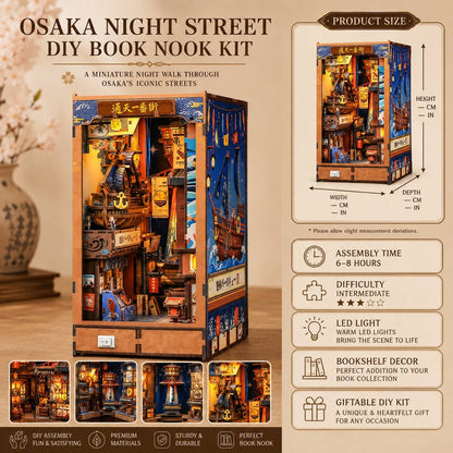 Promotional graphic for the Osaka Night Street DIY Book Nook Kit, showing a fully assembled miniature bookshelf with warm glowing lights and detailed shop decor. The layout includes product size measurements, assembly time, difficulty rating, feature callouts, and small photos of the kit's details.
