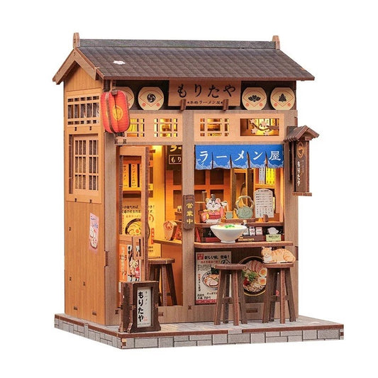 Miniature House Model of a Japanese ramen shop with wooden exterior and interior details.