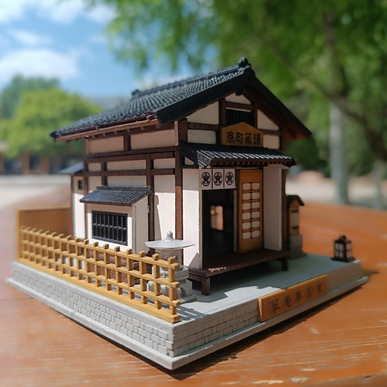 image displaying the left side of assembled and painted Japanese Tea House DIY Miniature Dollhouse Kit