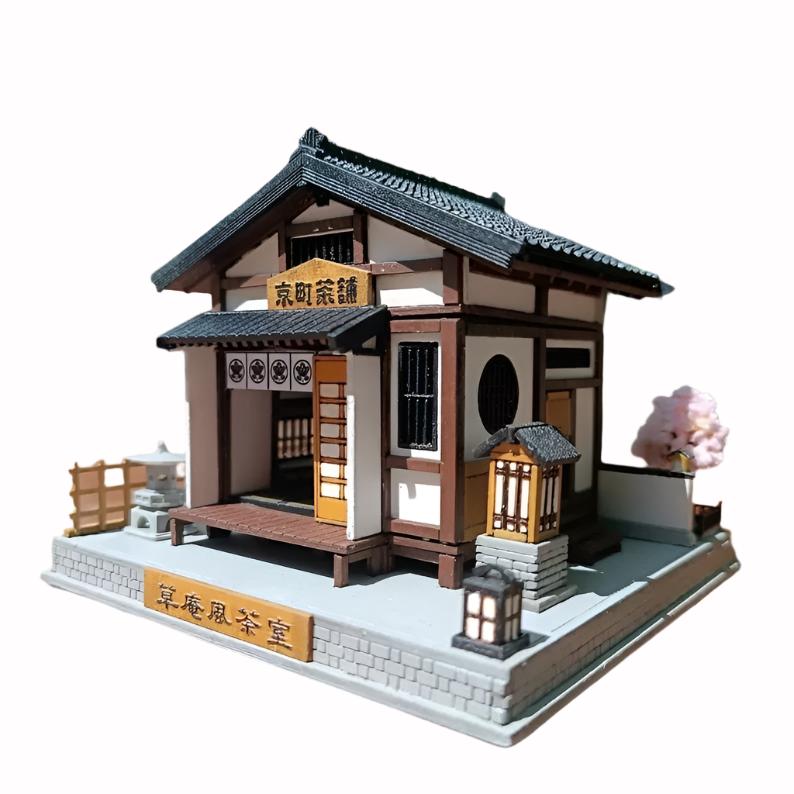 image displaying the assembled and painted Japanese Tea House DIY Miniature Dollhouse Kit in white background