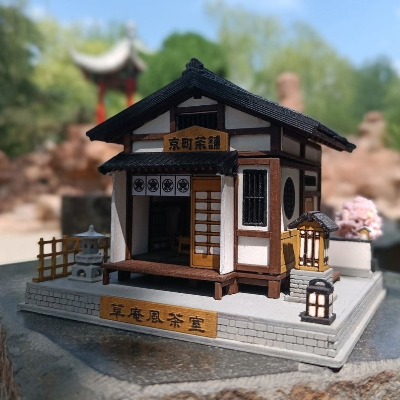 image displaying the front side of assembled and painted Japanese Tea House DIY Miniature Dollhouse Kit