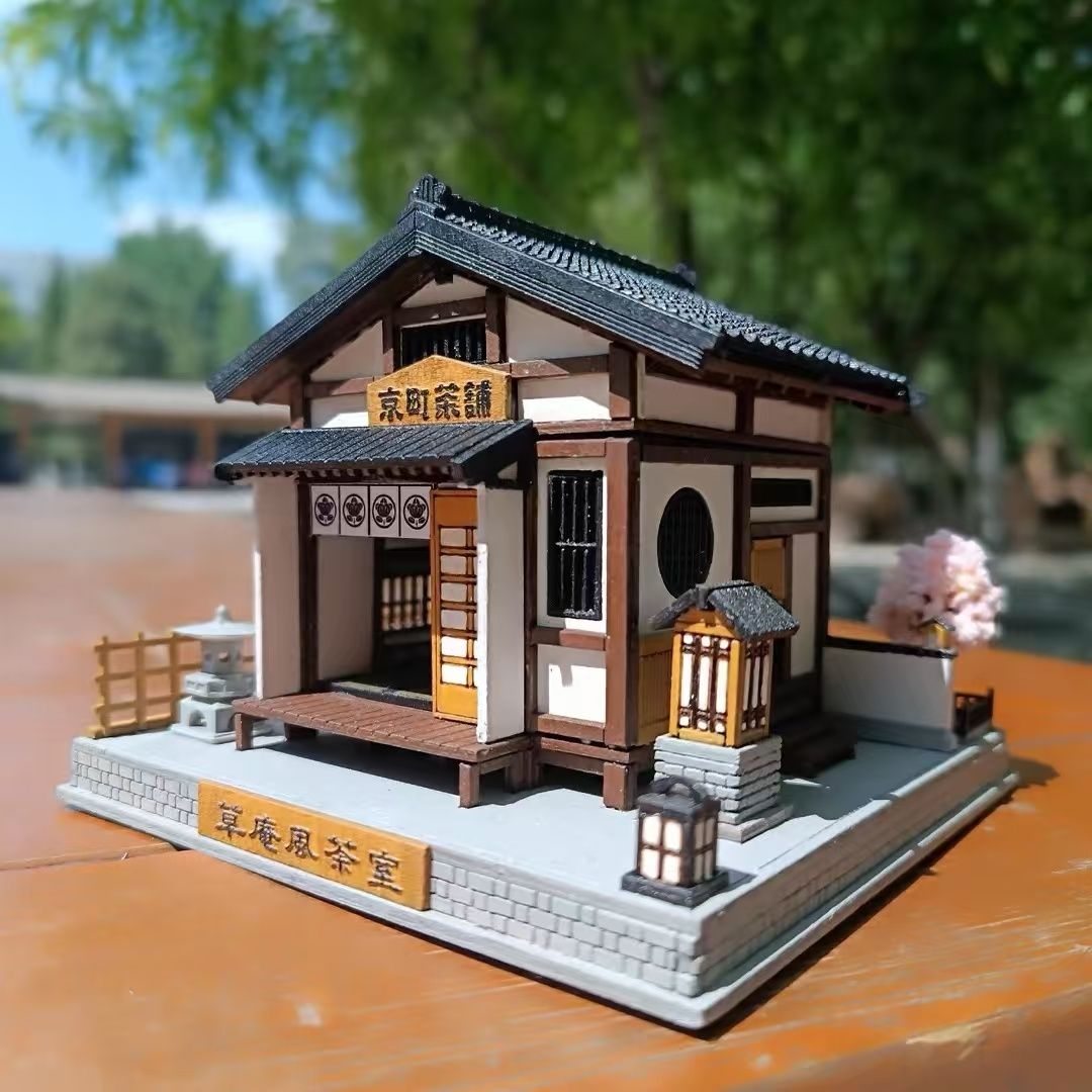 image displaying the assembled and painted Japanese Tea House DIY Miniature Dollhouse Kit