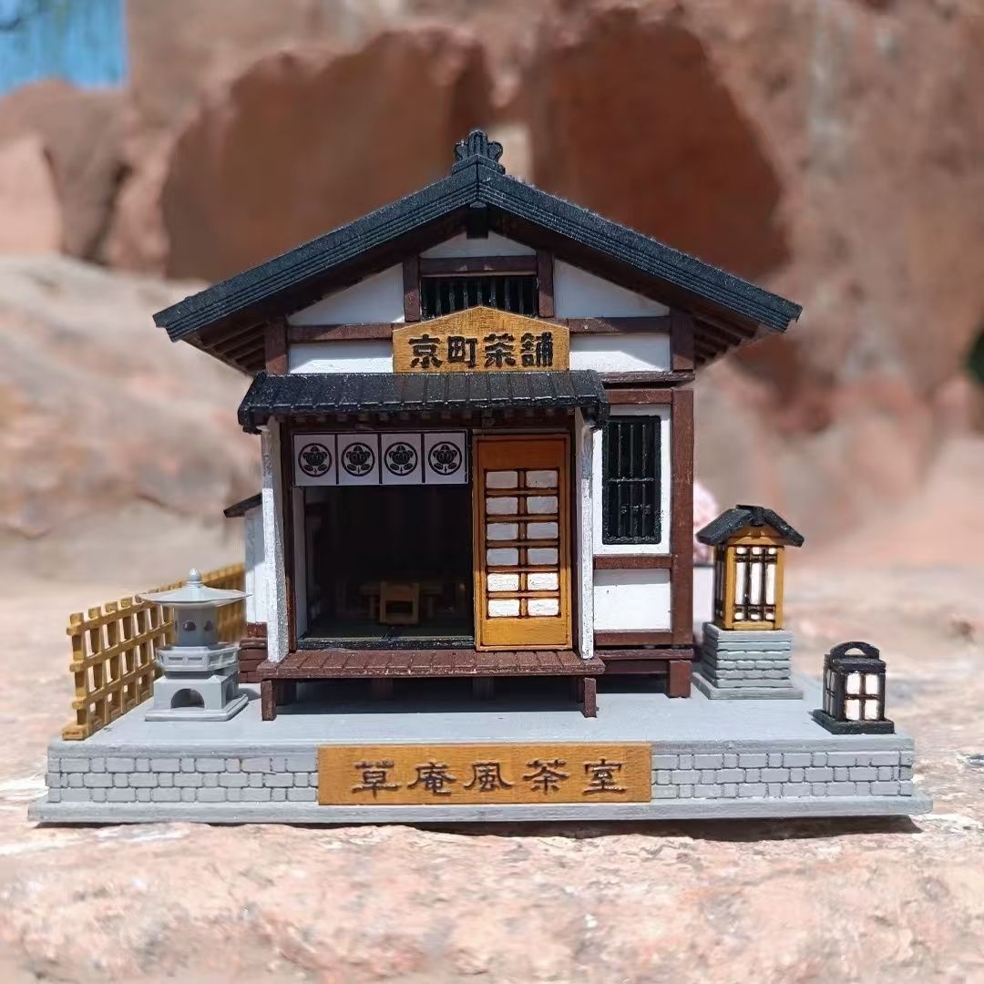 image displaying the assembled and painted Japanese Tea House DIY Miniature Dollhouse Kit