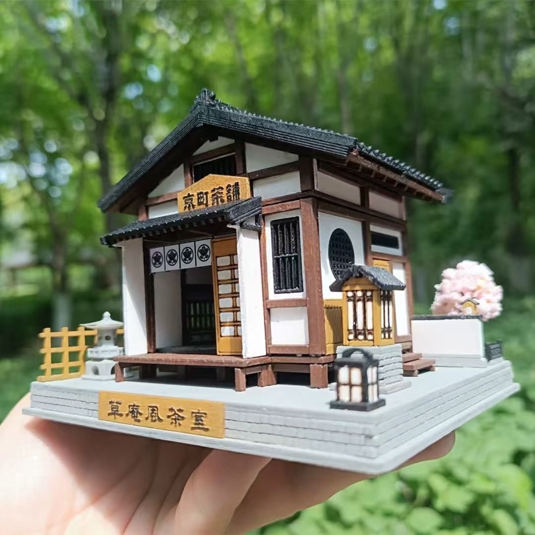 image displaying the assembled and painted Japanese Tea House DIY Miniature Dollhouse Kit