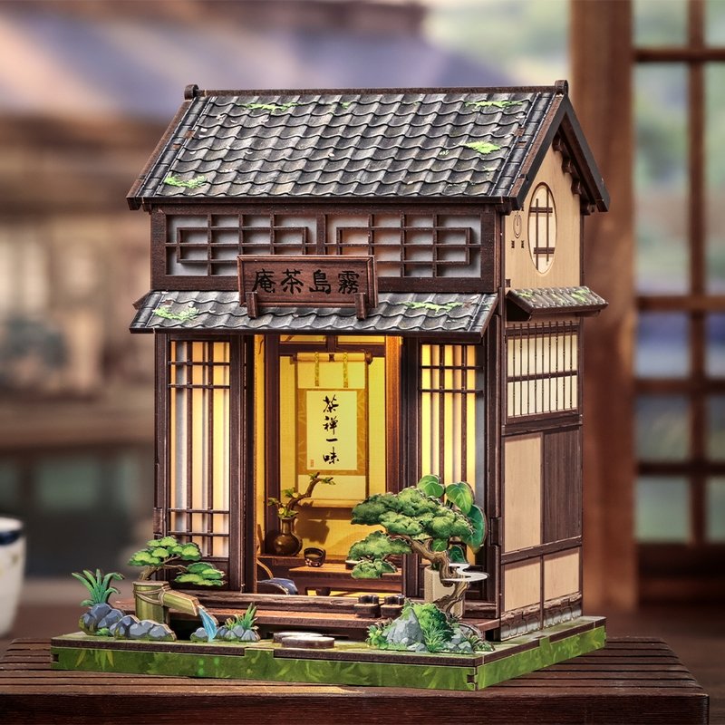 Miniature House Model of a traditional Japanese tea house with a Japanese vibe background