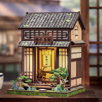 Miniature House Model of a traditional Japanese tea house with a Japanese vibe background