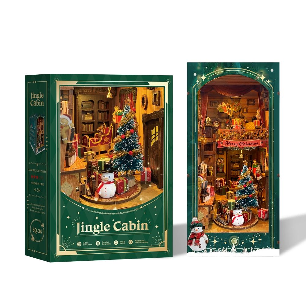 image showing the Jingle Cabin Book Nook Kit and the package