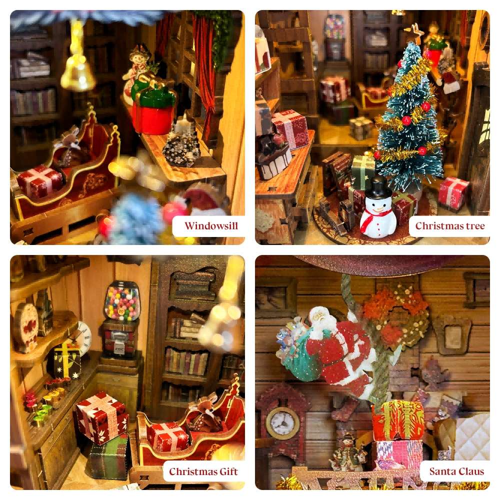 image showing miniature scenes of the Jingle Cabin Book Nook Kit