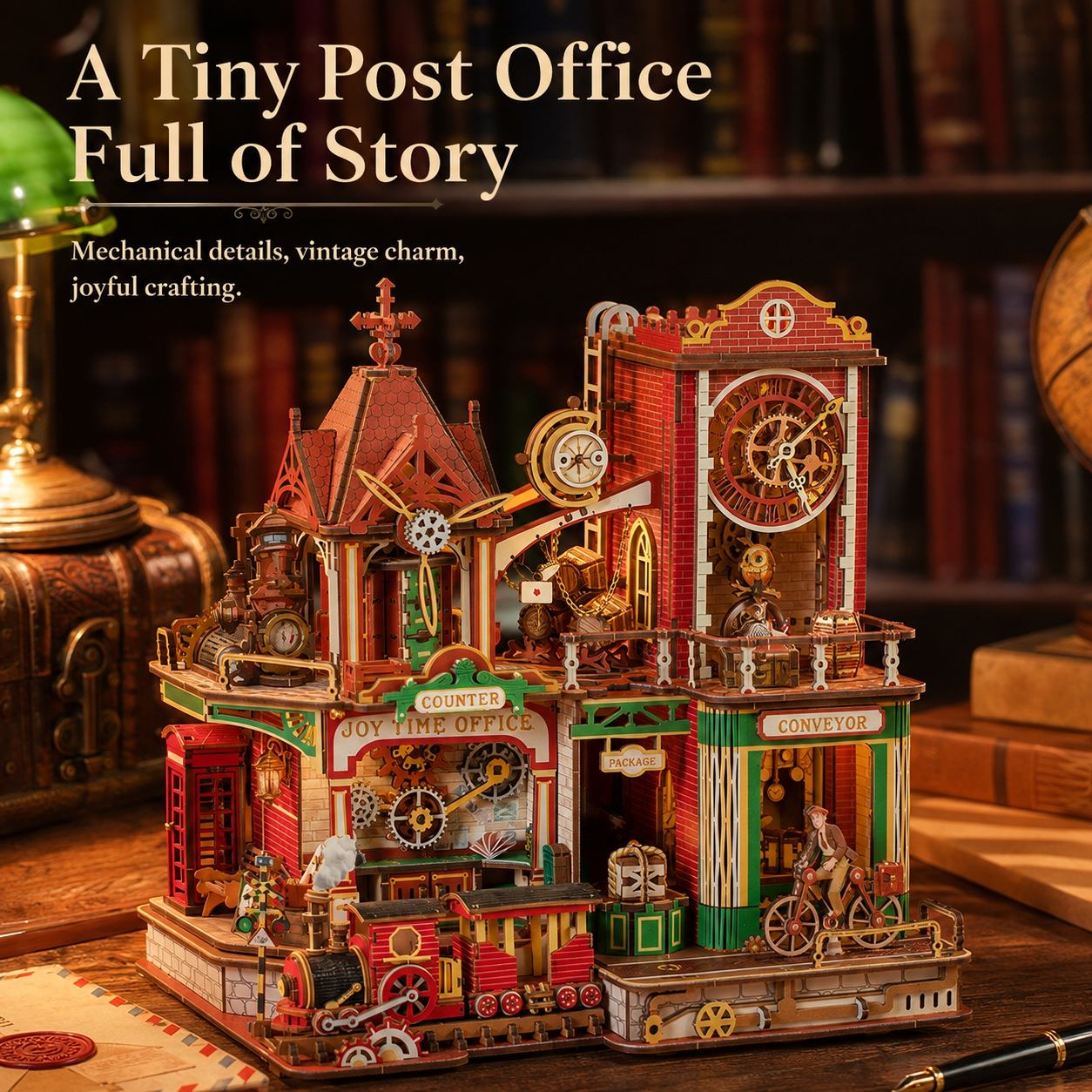 A steampunk-style post office model displayed on a wooden desk with books and a lamp in the background. The product features intricate red brick architecture, gold gears, green panels, and small figurines, with overlaid text reading 'A Tiny Post Office Full of Story' and 'Mechanical details, vintage charm, joyful crafting.