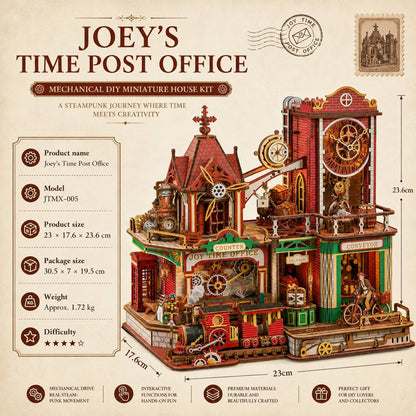 Product packaging and informational graphic for the Joey's Time Post Office Mechanical DIY Miniature House Kit. The image features a highly detailed, steampunk-style miniature house with red brick, gold gears, and green accents, alongside text detailing the product specifications, dimensions, and features.