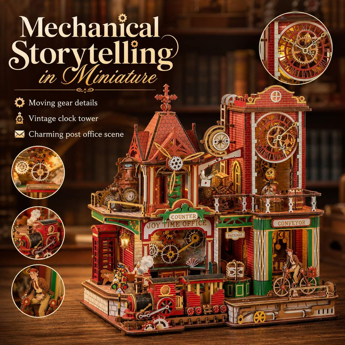A steampunk-style mechanical clock tower model displayed on a wooden surface, with promotional text reading 'Mechanical Storytelling in Miniature' and circular inset close-ups showing detailed gears and clock faces. The product appears to be a multi-level vintage post office / clock tower toy with red, gold, green, and brown tones.