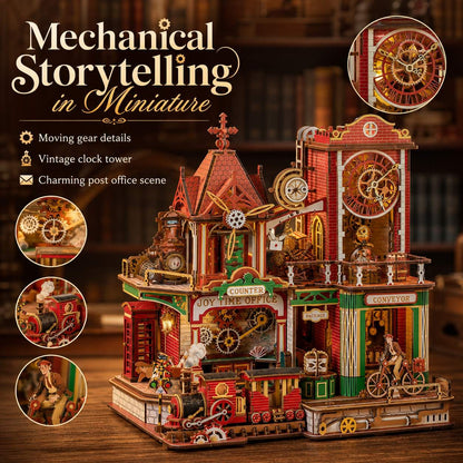 A steampunk-style mechanical clock tower model displayed on a wooden surface, with promotional text reading 'Mechanical Storytelling in Miniature' and circular inset close-ups showing detailed gears and clock faces. The product appears to be a multi-level vintage post office / clock tower toy with red, gold, green, and brown tones.