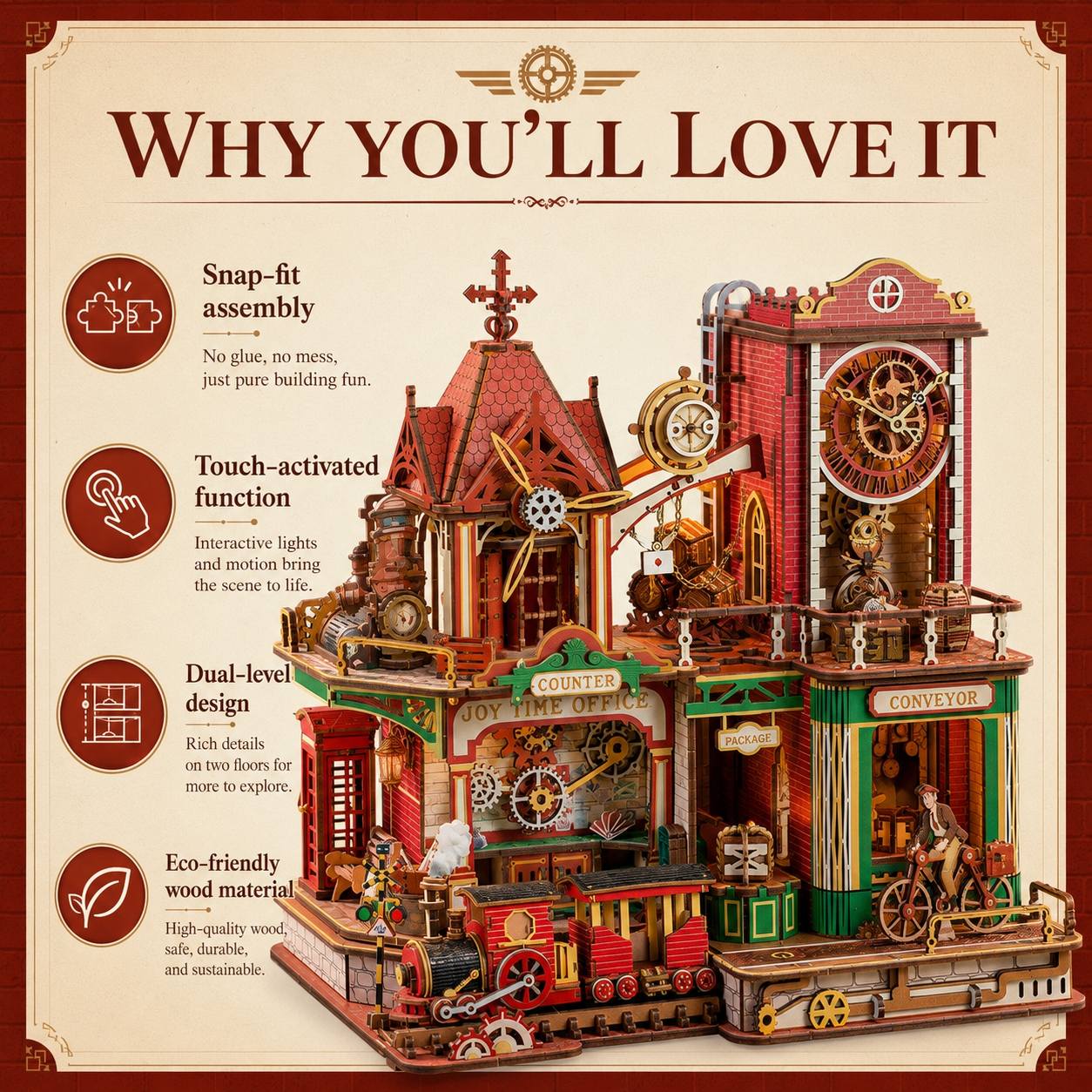 A steampunk-style wooden building set with gears, clocks, windows, and decorative architectural details, shown on a beige promotional background with the headline 'WHY YOU'LL LOVE IT' and feature callouts.