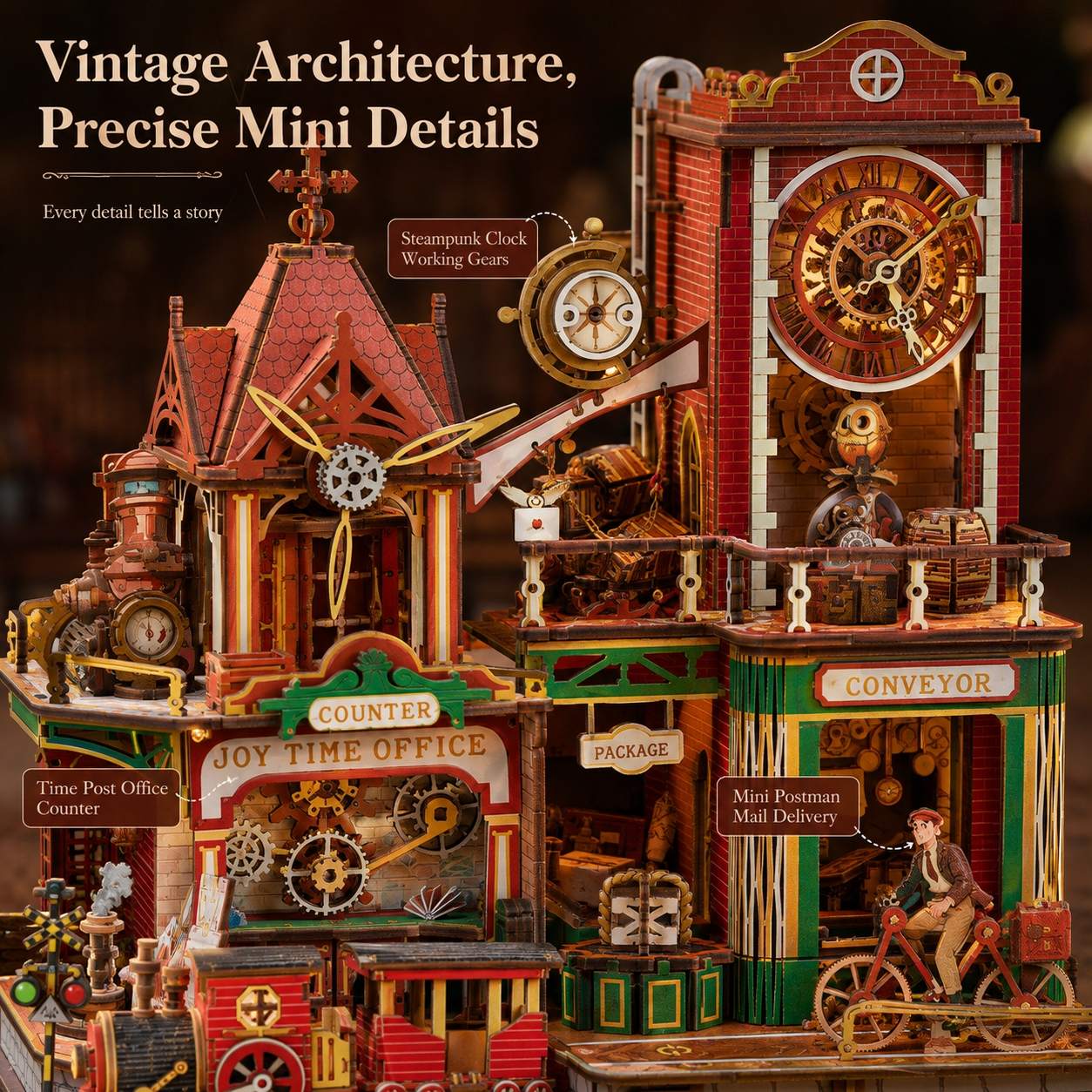 A highly detailed steampunk-style miniature building set with multiple levels, gears, clocks, windows, and labeled decorative elements such as 'Counter,' 'Joy Time Office,' 'Conveyor,' and 'Steampunk Clock Working Gears.' The image includes overlaid text callouts and a warm brown background.